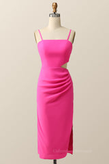 Dress Formal, Straps Hot Pink Tight Draped Midi Dress with Keyhole