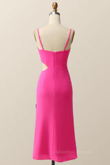 Gorgeou Dress, Straps Hot Pink Tight Draped Midi Dress with Keyhole