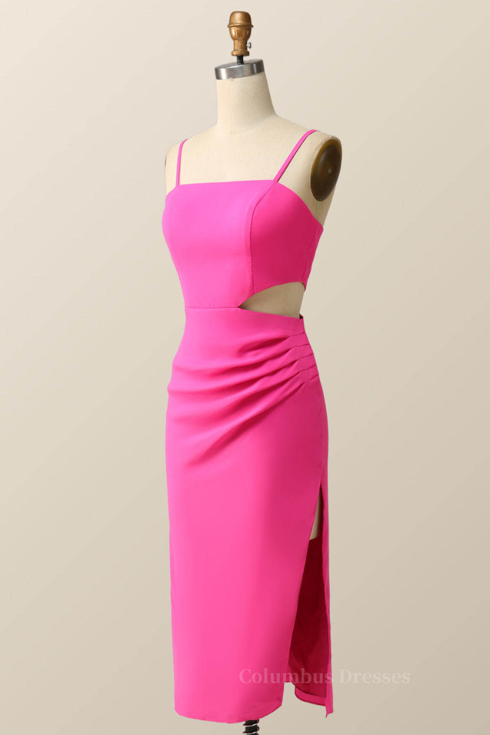 Senior Prom Dress, Straps Hot Pink Tight Draped Midi Dress with Keyhole
