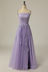 Prom Dress Backless, Straps Lavender Appliuqes A-line Long Formal Dress with Slit