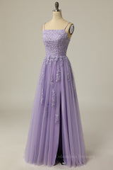 Prom Dress 2054, Straps Lavender Appliuqes A-line Long Formal Dress with Slit