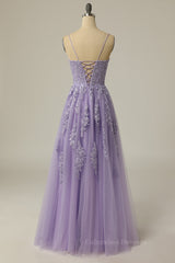 Prom Dresses Around Me, Straps Lavender Appliuqes A-line Long Formal Dress with Slit