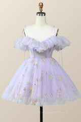 Bridesmaid Dresses Mismatched Colors, Straps Lavender Floral A-line Short Homecoming Dress