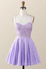Prom Dress Sale, Straps Lavender Lace Appliques A-line Short Dress