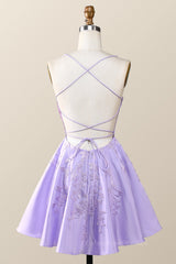 Prom Dresses Online, Straps Lavender Lace Appliques A-line Short Dress