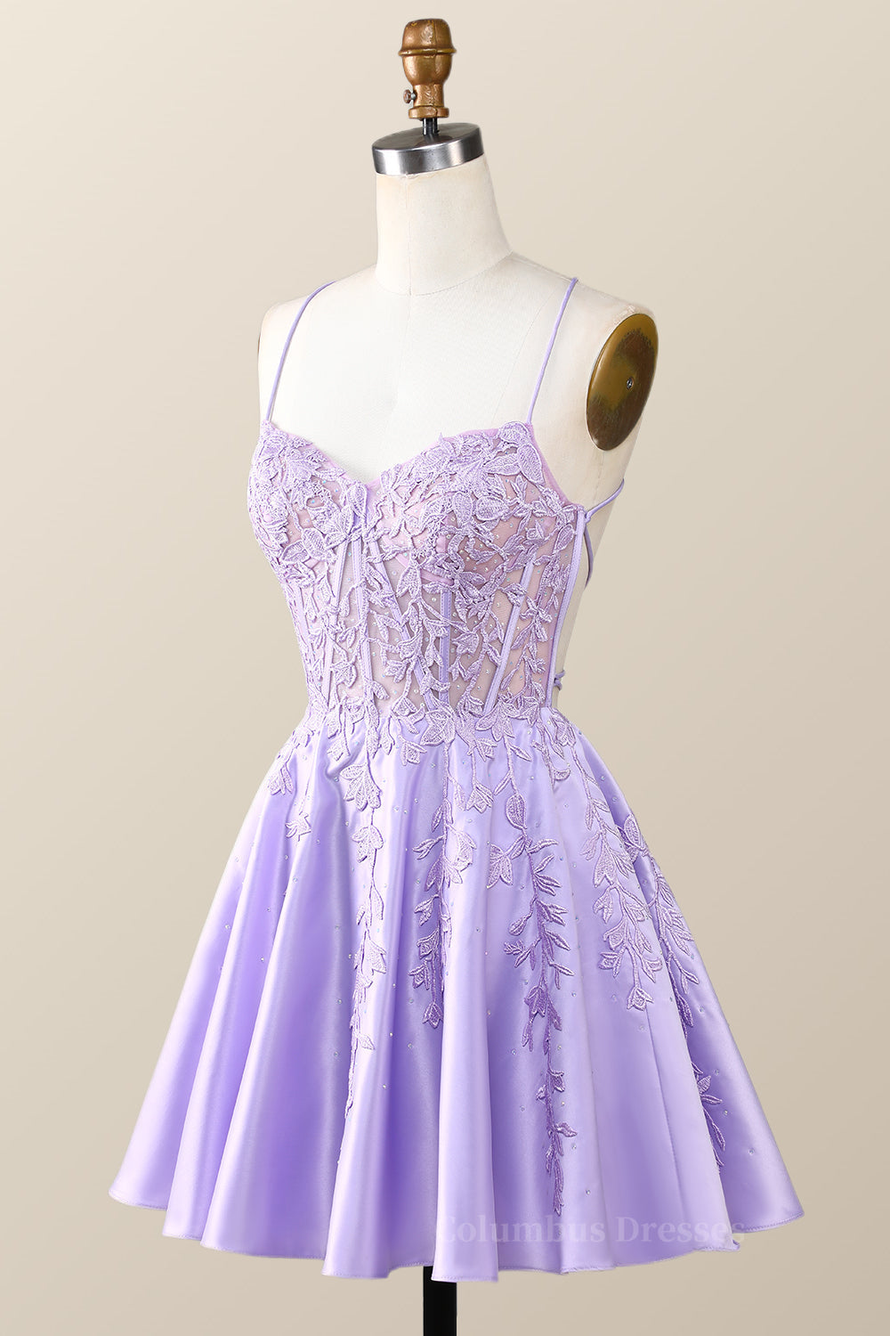 Prom Dresses For Teens, Straps Lavender Lace Appliques A-line Short Dress
