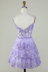 Evening Dresses Midi, Straps Lavender Sequins Corset Layered Homecoming Dress