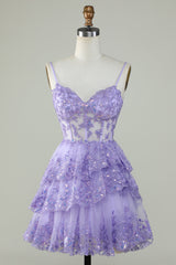 Evening Dresses Off The Shoulder, Straps Lavender Sequins Corset Layered Homecoming Dress