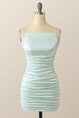 Dress Outfit, Straps Light Blue Ruched Tight Mini Dress