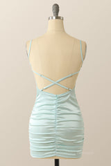 Quinceanera Dress, Straps Light Blue Ruched Tight Mini Dress