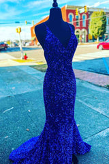 Bridesmaid Dress Design, Straps Mermaid Royal Blue Sequins Long Prom Dress with Slit