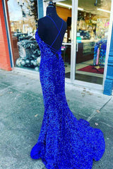 Bridesmaids Dresses Online, Straps Mermaid Royal Blue Sequins Long Prom Dress with Slit