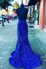 Bridesmaids Dress Online, Straps Mermaid Royal Blue Sequins Long Prom Dress with Slit