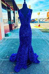 Bridesmaid Dresses Designers, Straps Mermaid Royal Blue Sequins Long Prom Dress with Slit