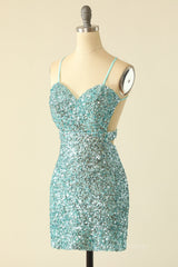 Prom Dress Stores, Straps Mint Green Sequin Tight Mini Dress