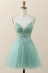 Prom Dresses 2064 Long, Straps Mint Green Tulle A-line Short Homecoming Dress