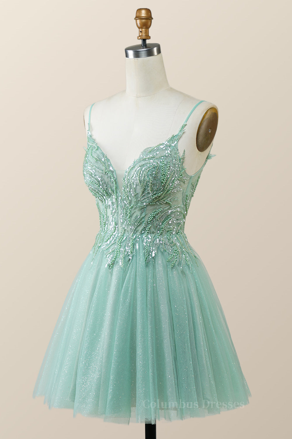 Prom Dresses For Teens Long, Straps Mint Green Tulle A-line Short Homecoming Dress