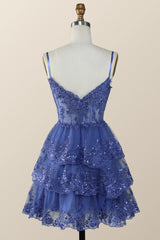 Party Dress Online Shopping, Straps Navy Appliques Tiered Layered Short Princess Dress