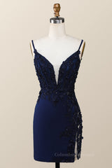 Prom Dress Idea, Straps Navy Blue Appliques Tight Mini Dress