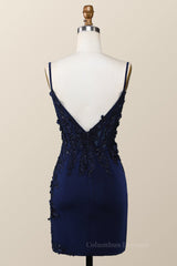 Prom Dress Fabric, Straps Navy Blue Appliques Tight Mini Dress