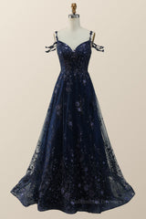 Party Dress Set, Straps Navy Blue Embroidery A-line Long Formal Dress