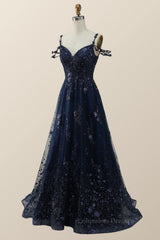 Party Dress Meaning, Straps Navy Blue Embroidery A-line Long Formal Dress