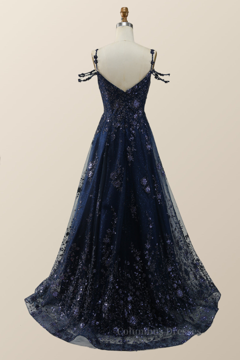 Party Dress Boho, Straps Navy Blue Embroidery A-line Long Formal Dress