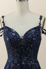 Party Dress Silk, Straps Navy Blue Embroidery A-line Long Formal Dress