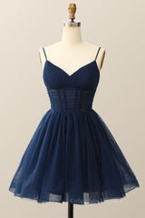 Formal Dress Ballgown, Straps Navy Blue Pleated A-line Homecoming Dress