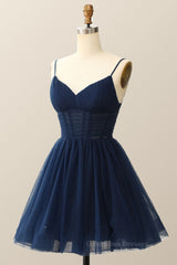 Formal Dress Party Wear, Straps Navy Blue Pleated A-line Homecoming Dress