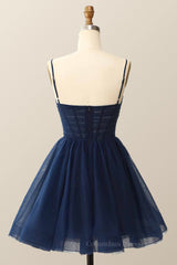 Formal Dress Australia, Straps Navy Blue Pleated A-line Homecoming Dress