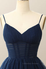 Formal Dress Boutique, Straps Navy Blue Pleated A-line Homecoming Dress
