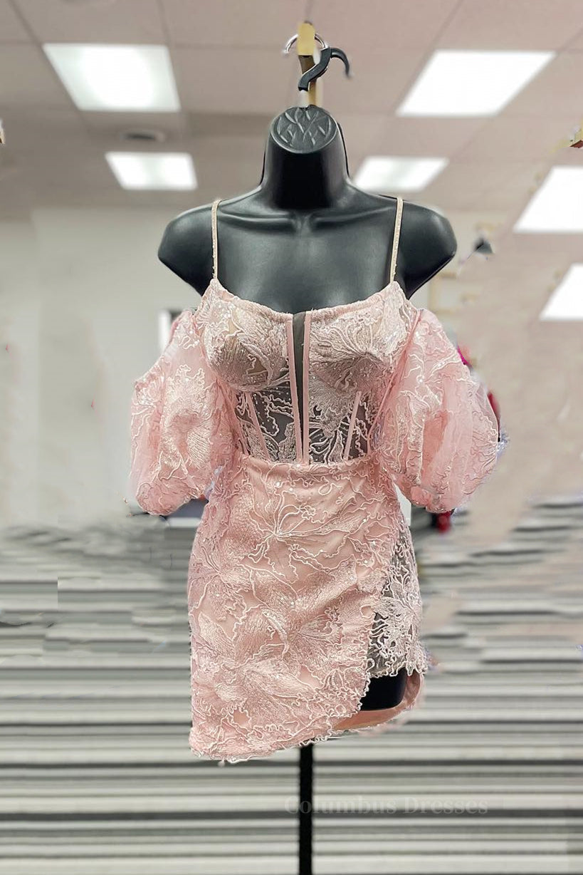 Bridesmaids Dresses Websites, Straps Pink Lace Appliques Tight Mini Dress