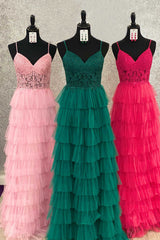 Sparklie Prom Dress, Straps Pink Lace Corset Layered Tulle Formal Dress
