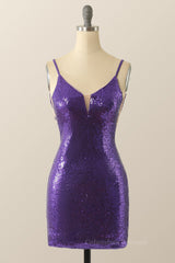 Bridesmaid Dresses Idea, Straps Purple Sequin Bodycon Mini Dress