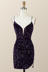 Evening Dress Gold, Straps Purple Sequin Tight Mini Dress with Slit