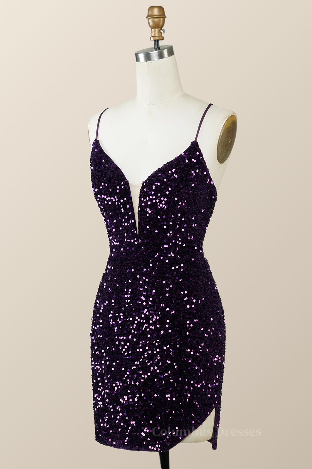 Evening Dresses For Ladies Over 89, Straps Purple Sequin Tight Mini Dress with Slit