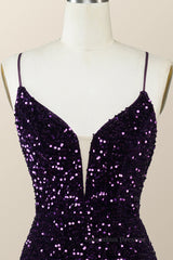 Evening Dresses Modest, Straps Purple Sequin Tight Mini Dress with Slit