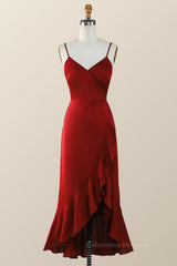 Boho Dress, Straps Red Faux Wrap Ruffle Bridesmaid Dress