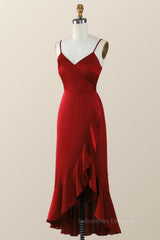 Formal, Straps Red Faux Wrap Ruffle Bridesmaid Dress