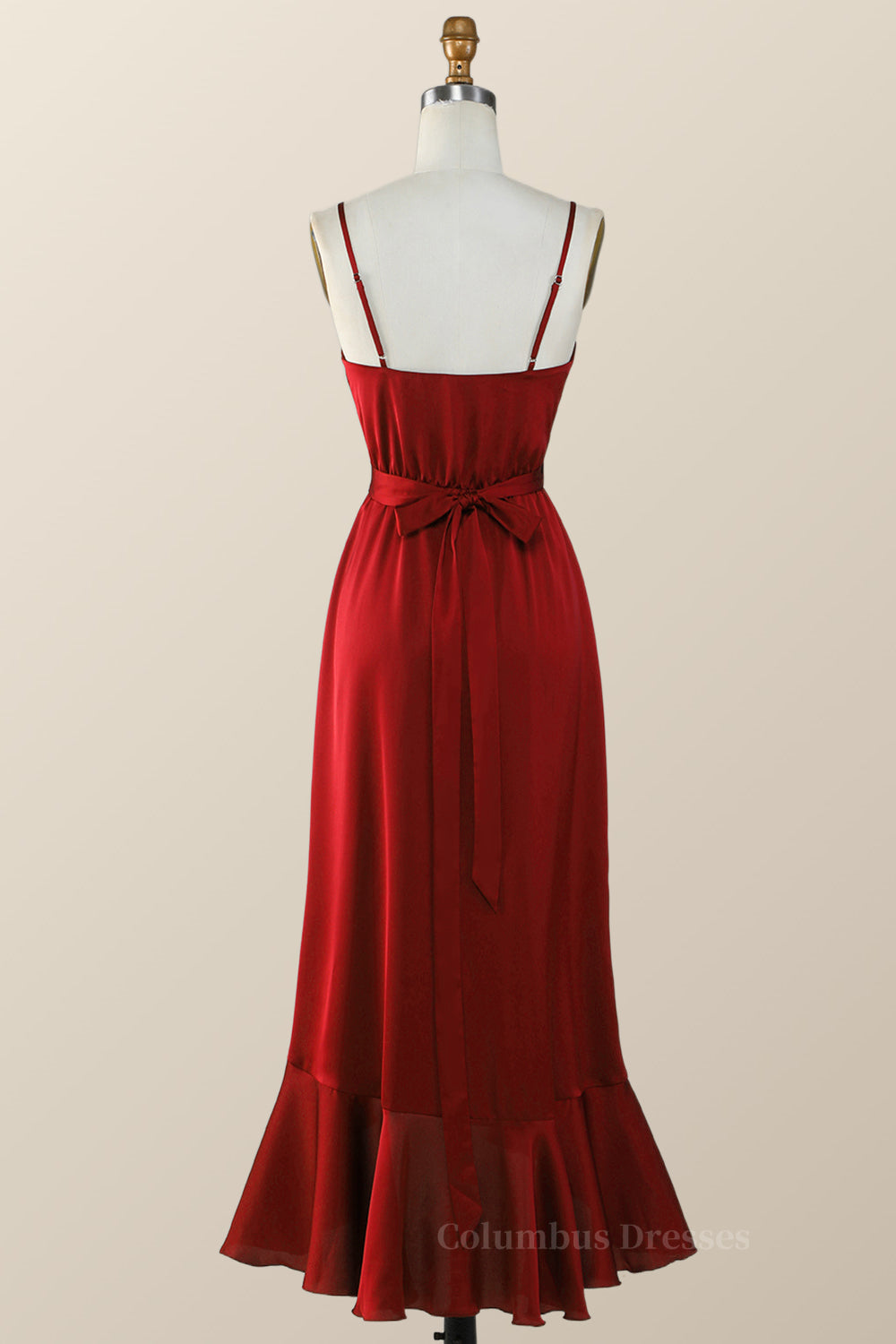 Short Formal Dress, Straps Red Faux Wrap Ruffle Bridesmaid Dress