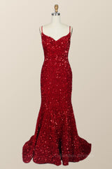 Formal Dress For Sale, Straps Red Sequin Mermaid Long Party Dress