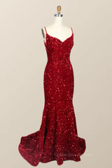 Formal Dresses For Sale, Straps Red Sequin Mermaid Long Party Dress