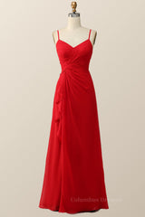 Formal Dresses Classy, Straps Red Twisted Chiffon Long Bridesmaid Dress