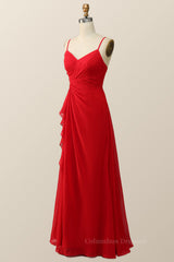 Formal Dresses 2060, Straps Red Twisted Chiffon Long Bridesmaid Dress