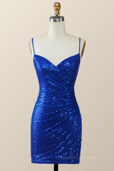 Bridesmaids Dresses Blue, Straps Royal Blue Sequin Tight Mini Dress
