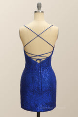 Bridesmaid Dress Blue, Straps Royal Blue Sequin Tight Mini Dress