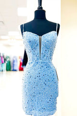 Bridesmaid Dress, Straps Royal Blue Sequins Bodycon Homecoming Dresses