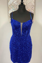 Prom Dresses Two Piece, Straps Royal Blue Sequins Bodycon Homecoming Dresses