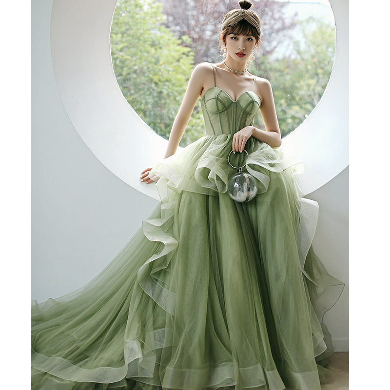 Cute Summer Dress, Straps sage green ball gown spring formal prom dress